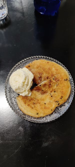 Hotteok (호떡) with ice cream: Korean Sweet Pancake with sugar, cinnamon and nuts filling at Ondo Korean Kitchen in Porto