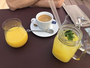 fresh OJ, black coffee and Bellevue Spritzer (Schorle) at Bellevue in Stuttgart