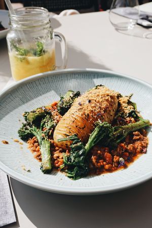 Hasselback-Potato with Broccoli and Soya Mince at Bellevue in Stuttgart