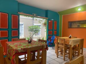 Colorful painted doors leading out to a patio with plants at Mónica Restaurant Hindú in Oaxaca