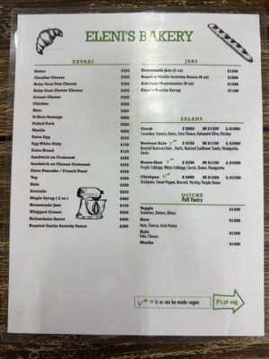 Menu with vegan options   at Eleni's Bakery in Kingston