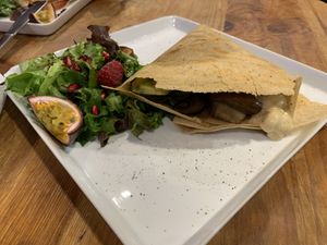 Crepe mit Antipasti, Humus und Avocado at Creperie Rindermarkthalle in Hamburg