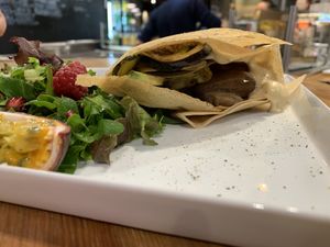 Crepe mit Antipasti, Humus und Avocado at Creperie Rindermarkthalle in Hamburg