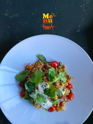 FREGOLA WARM SALAD / vegan at ŁĄKA BAR in Gdansk