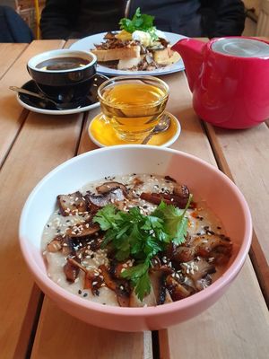 Savoury porridge with mushrooms (breakfast menu) at ŁĄKA BAR in Gdansk