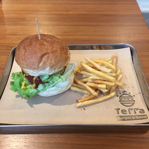 Burger and fries set at Terra Burger & Bowl in Tokyo