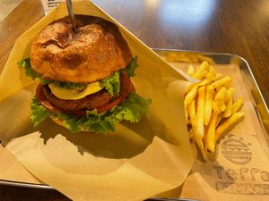 Terra sauce burger with fries  at Terra Burger & Bowl in Tokyo