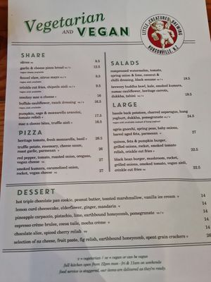 Vege & Vegan menu at Little Creatures Brewing in Auckland