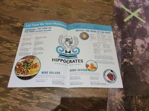 Menu, all vegan (honey is not bee honey, chicken is jackfruit) at Hippocrates Healthy Eatery in Randwick