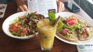 Quesadilla, Eros and passion fruit juice at Hippocrates Healthy Eatery in Randwick