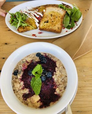 Overnight oats and omelette with toast  at Hippocrates Healthy Eatery in Randwick