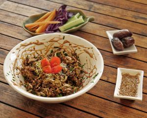 DYONISOS
Vegan Scrambled eggs w/  vegan Morcilla (spanish blood sausage), raisins, walnuts, Commandaria reduction (Cyprus sweet wine), cashew mayonnaise, black garlic & paprika at Hippocrates Healthy Eatery in Randwick