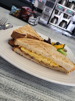 Tempeh bacon, just egg and daiya cheddar breakfast sandwich at White Birch Eatery in Goffstown
