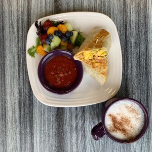 Breakfast burrito with latte  at White Birch Eatery in Goffstown