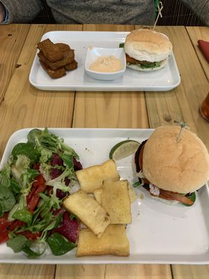 Beetroot burger and sweet potato burger - chips were amazing too! at Karibu Vegan Bar & Kitchen in Stroud