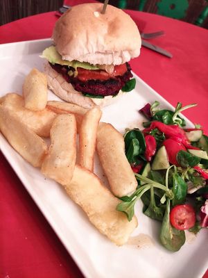 Beetroot burger at Karibu Vegan Bar & Kitchen in Stroud