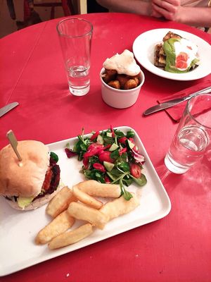 Beetroot burger and polenta chips at Karibu Vegan Bar & Kitchen in Stroud