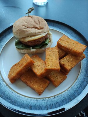 Burger takeout at Karibu Vegan Bar & Kitchen in Stroud