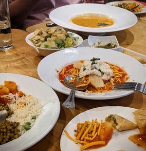 Mung bean and Massaman curries and Mombasa Karachi bateta at Karibu Vegan Bar & Kitchen in Stroud