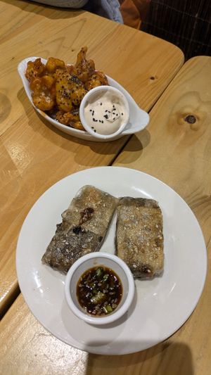 Starters (Vietnamese rolls and cauliflower) at Karibu Vegan Bar & Kitchen in Stroud