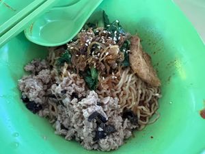No.5 on the menu minced pork kolo noodles $3.50 4/5   at FZ Vegetarian 风竹 in East Singapore