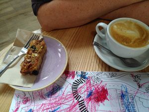 Latte & cherry slice at The Hub at St Mary's in Lichfield