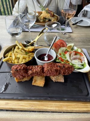 Espetada, fried polenta, french fries, salad  at Quinta Do Furão in Santana