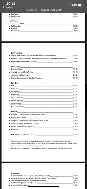 English menu  at Quinta Do Furão in Santana