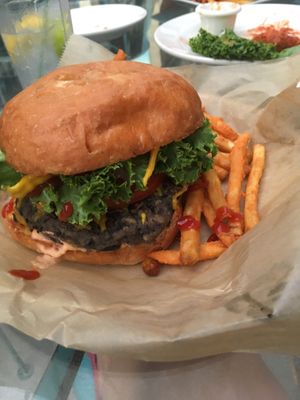 Lentil burger (Hippie stuffed) with Daiya at Stella's Lounge in Grand Rapids