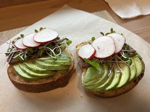 Avocado toast with vegan sausage   at Isaac's Coffee in Salem