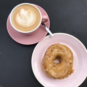 Salted Caramel donut und Cappuccino  at Brammibal's Donuts - Alexanderplatz in Berlin