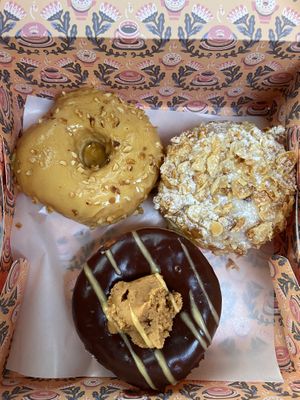 salted caramel hazelnut, bienenstich, chocolate peanut fudge (a little messy due to transportation) at Brammibal's Donuts - Alexanderplatz in Berlin
