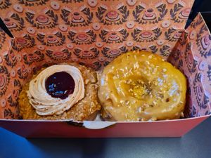 Peanutbutter & Jelly + Salted Caramel & Hazelnuts at Brammibal's Donuts - Alexanderplatz in Berlin