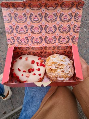 White Choc Strawberry and Bienenstich at Brammibal's Donuts - Alexanderplatz in Berlin