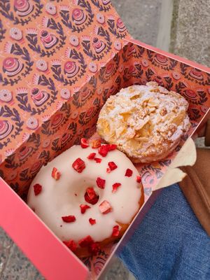 White Choc Strawberry and Bienenstich at Brammibal's Donuts - Alexanderplatz in Berlin