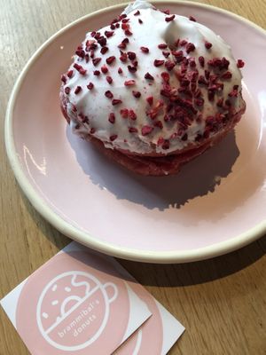 Velvet doughnut with raspberry filling  at Brammibal's Donuts - Alexanderplatz in Berlin
