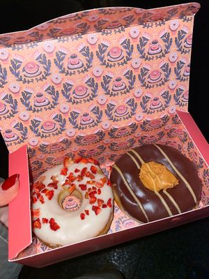 white chocolate strawberry and chocolate peanut fudge #Veganuary at Brammibal's Donuts - Alexanderplatz in Berlin