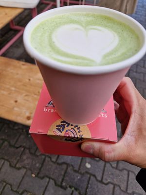 Green matcha latte at Brammibal's Donuts - Alexanderplatz in Berlin