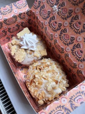 Rhubarb Crumble (left), Bienenstich (right)  at Brammibal's Donuts - Alexanderplatz in Berlin