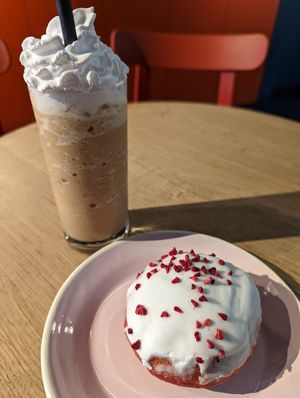 Velvet donut and espresso frappe at Brammibal's Donuts - Alexanderplatz in Berlin