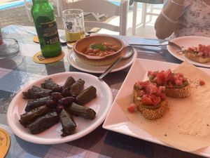 Vine leafs, bruschetta and Beans. at Nick's Restaurant Bar in Kos