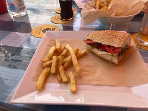 Fries and sandwich with a olive pate at Nick's Restaurant Bar in Kos