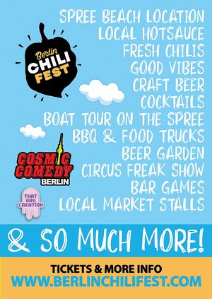 Berlin Chili Fest: Summer Event @ Sage Beach Club
Sunday 16th July 2023

https://www.berlinchilifest.com/ at Cosmic Comedy Club in Berlin