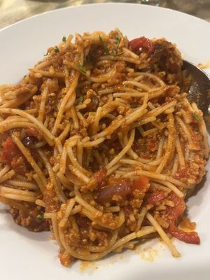 Gluten free vegan pasta with garlic olives onions and peppers to my request !    at Mom's Kitchen in Kos