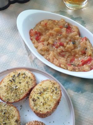 Vegan aubergine salad and Vegan garlic bread  at Mom's Kitchen in Kos
