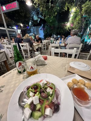 Vegan greek salad and vegan cheese balls  at Mom's Kitchen in Kos