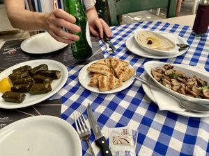 Dolmades, garlic mushrooms, hummus and pita  at Mom's Kitchen in Kos
