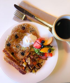 Pancakes and tempeh bacon for Brunch at Lettuce Love Cafe in Burlington