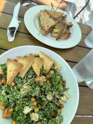 Beauty salad with added tofu; breakfast sandwich with potato wedges  at Lettuce Love Cafe in Burlington