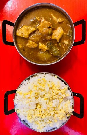 Chinese Chick’en Curry with ‘egg’ fried rice at The Vegan Street Food Company in Worthing